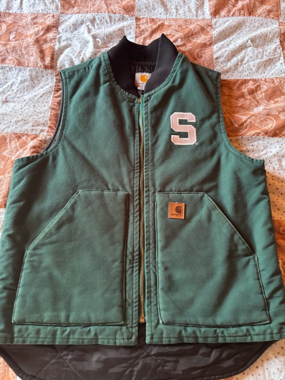 Carhartt Green Quilted Work Vest with Black Rib Collar and 'S' Patch